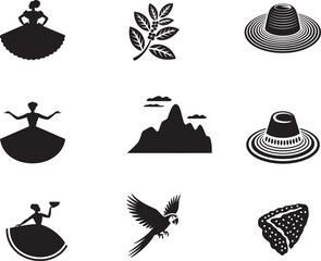 Colombian Symbols Vector with Cumbia Dancers Coffee Andes Sombrero Vueltiao Parrot and Tropical Icons