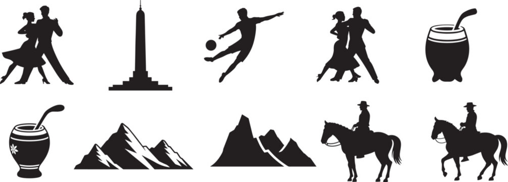 Argentinian Vector Set with Tango Dancers Yerba Mate Andes Mountains Gauchos Soccer and Obelisk Icons