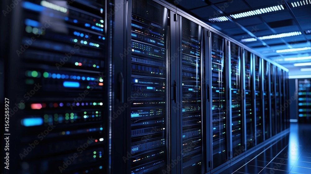 Poster modern data center server room with illuminated racks and high-tech infrastructure, ideal for cloud 