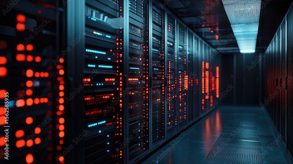 Poster futuristic data center hallway with red and blue led server lights, ideal for cybersecurity visuals,