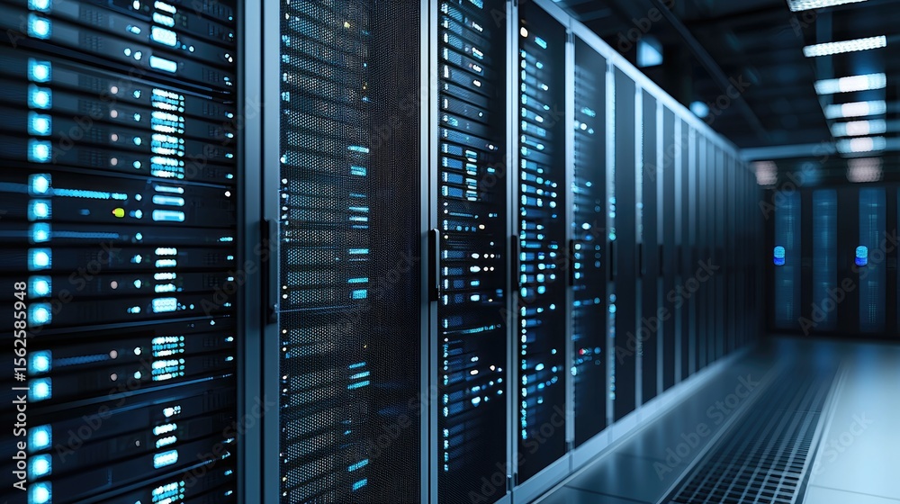 Poster Blue-lit high-performance server racks in modern data center corridor, ideal for cloud computing visuals, IT services, secure hosting, and digital infrastructure marketing content