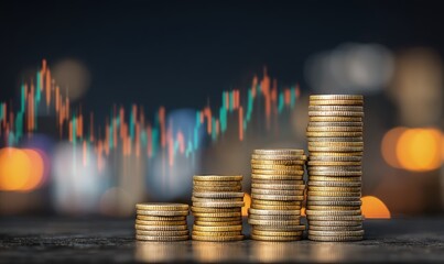 Ascending stacks of gold and silver coins with blurry financial graph background, symbolizing economic growth, investment strategy, and wealth accumulation for financial visuals