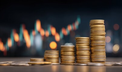 Increasing stacks of gold coins with blurred candlestick chart in background, symbolizing financial success, investment growth, wealth accumulation, and economic strategy visuals