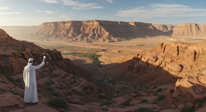 Man in traditional robe uses a digital device to explore a vast desert canyon landscape at sunset.