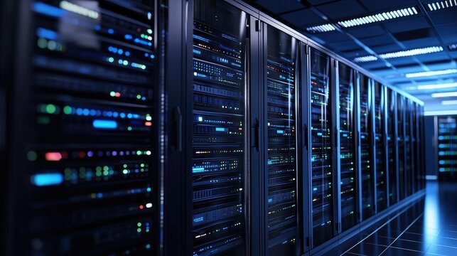 Modern data center server room with illuminated racks and high-tech infrastructure, ideal for cloud technology, IT service, network storage, and cybersecurity promotional visuals