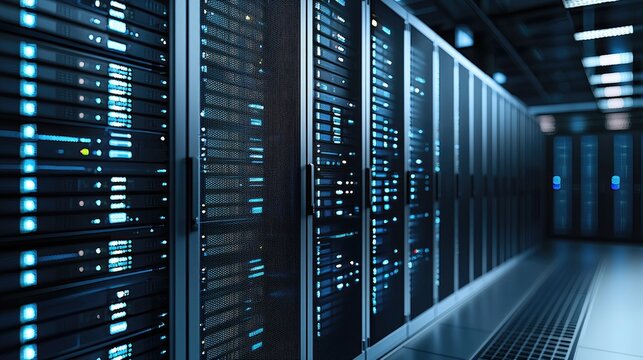 Blue-lit high-performance server racks in modern data center corridor, ideal for cloud computing visuals, IT services, secure hosting, and digital infrastructure marketing content
