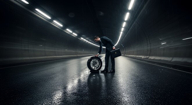 Businessman with flat tire in dark, rain-slicked tunnel, briefcase in hand, reflects solitude and unexpected challenges.