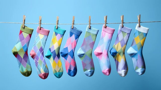 A row of meticulously crafted argyle socks in lively colors sways gently hung from a simple string with the dynamic patterns contrasted beautifully by a smooth pastel blue background
