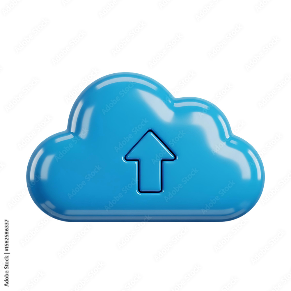 Poster a shiny blue cloud with an arrow pointing upwards indicating upload or data transfer process icon on
