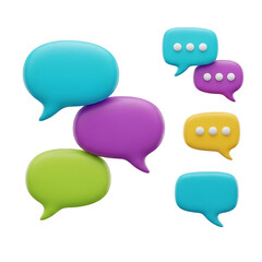 Assorted speech bubbles in vibrant hues stacked and floating with ellipsis icons displayed nearby on transparent background