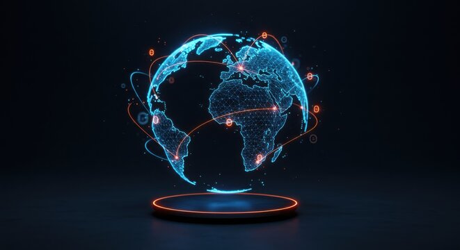 Minimalist dark background with a levitating wireframe globe, surrounded by glowing arc-shaped trade links and interactive data blips representing AI-driven global commerce