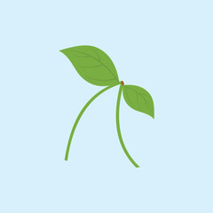 Illustration of two small green leaves with long stems on a light blue background, symbolizing growth, freshness and the beginning of life in a natural and simple nuance.