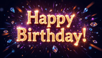Shining orange text "Happy Birthday" on dark background with colorful diamonds, congratulation and celebration card concept