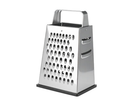 A silver box grater, isolated on a white background, a kitchen utensil for grating cheese, vegetables, or spices.