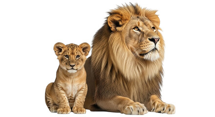 Obraz premium A majestic male lion gazes upward while a curious cub sits attentively, side by side, captured mood.