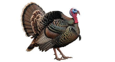 Detailed studio shot of a wild turkey showcasing its colorful plumage and intricate feather