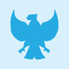 Illustration of a garuda bird with blue wings spread, showing a sturdy and strong form, suitable for a symbol of strength, freedom, courage, and strong character. The national emblem of Indonesia
