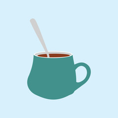 Illustration of a cup filled with hot chocolate drink with a spoon in it, suitable for coffee, tea, or casual atmosphere themes, using soft colors and a simple style.