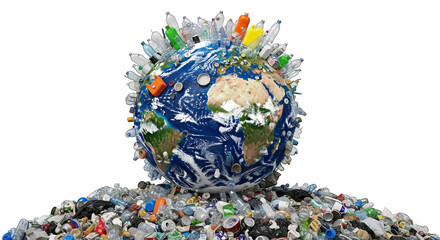 Earth is depicted covered in plastic waste, emphasizing a critical environmental crisis worldwide.