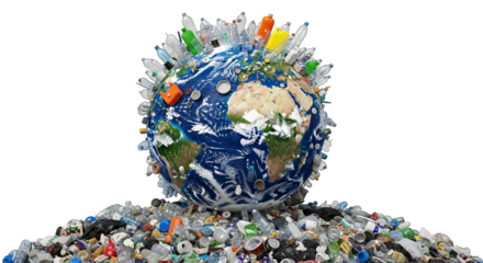 Earth is depicted covered in plastic waste, emphasizing a critical environmental crisis worldwide.