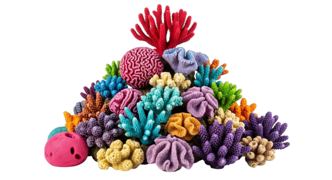 Vibrant coral assemblage exhibits a variety of textures, shapes, and colors creating a visual