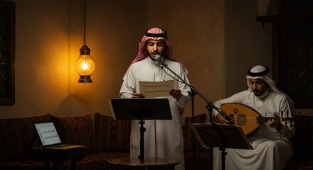 Arabian musicians perform traditional music in a dimly lit room, one singing from a sheet of music while the other plays an oud.