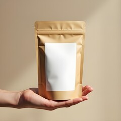 Minimalist mockup of a hand holding a kraft stand-up pouch with blank white label, perfect for showcasing product packaging designs in natural lighting.