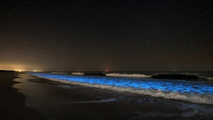 Nighttime beach scene showcasing glowing bioluminescence in ocean waves under starry sky - Powered by Adobe