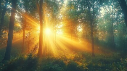 Fototapeta premium Golden sunbeams pierce misty forest