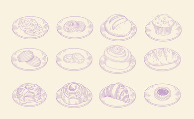 Set of original illustrations of cafe or pastry food, cookies, breads, cinnamon rolls, croissants, a vintage ink line drawing of a snack or breakfast for cards, menus, cafes, baristas, tea houses or g
