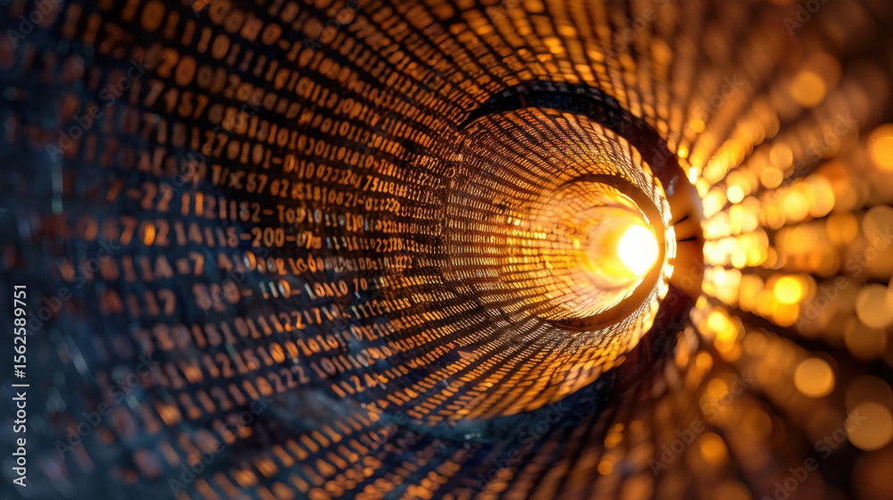 Poster mesmerizing data tunnel swirling with fast moving numbers, creating sense of depth and motion