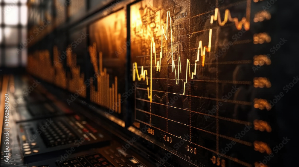 Poster dynamic financial metrics display with vibrant graphs and charts showcasing economic trends and data