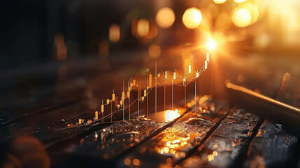 Financial graph overlaying reflective surface, illuminated by warm sunlight, symbolizes growth and success in economic metrics