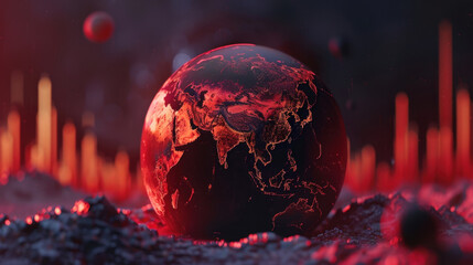 Vibrant globe showcasing fiery red and black theme, symbolizing economic metrics and global data trends. image evokes sense of urgency