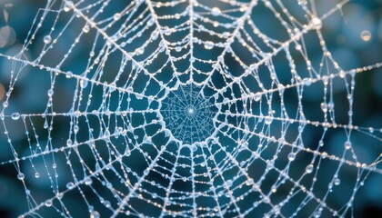 Obraz premium Intricate Spider Web Covered in Dewdrops Against a Blurred Natural Background