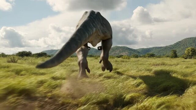 Tyrannosaurus rex sprinting across a prehistoric field