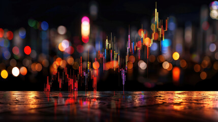 Vibrant abstract digital board displays moving stock indicators against blurred cityscape background, evoking sense of dynamic financial activity