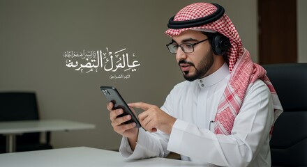 Focused Middle Eastern man in traditional attire uses a smartphone, deeply engrossed in his work while wearing headphones.