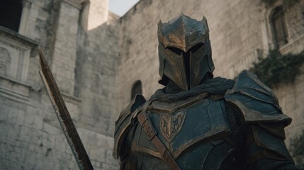 Imposing Medieval Knight Standing Guard in Ancient Stone Fortress Exterior