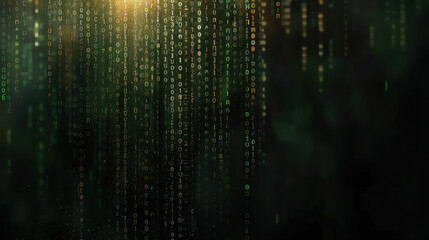 Digital binary code cascading in dark, tech inspired background creates futuristic atmosphere. glowing effect adds depth and intrigue