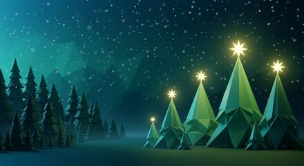 Serene polygonal Christmas trees glow under a starry night sky, casting a calming winter atmosphere.