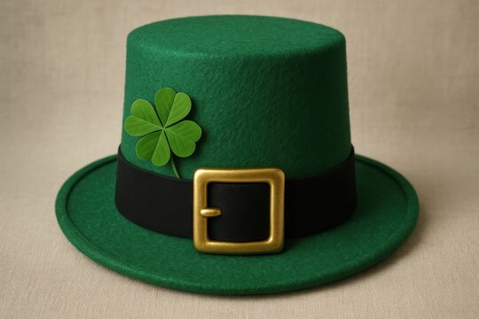 Festive emerald green St Patrick's Day leprechaun hat with traditional shamrock decoration