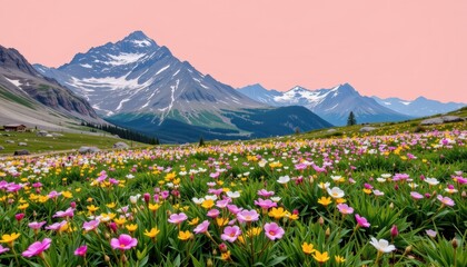 Vibrant Wildflower Meadow Under Pink Sky With Majestic Mountains in the Background