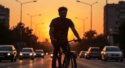 Silhouetted cyclist rides through city streets at sunset, enjoying the urban landscape and golden hour light.