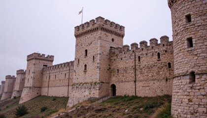 Historic Stone Fortress with Tall Walls and Towers Against Cloudy Sky in Scenic Landscape