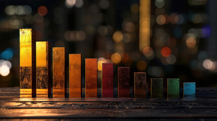 Vibrant corporate investment performance dashboard featuring glowing bars representing data trends, set against blurred cityscape background