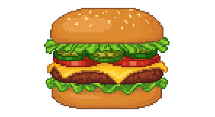 Retro 8-Bit Pixel Art Burger Icon Isolated on White Background – Classic Video Game Food Illustration