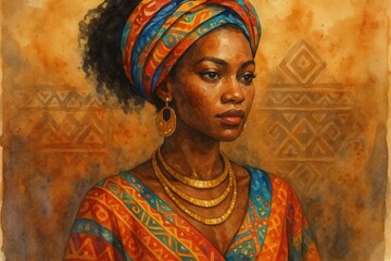 Obraz premium Elegant African woman in traditional dress with golden jewelry portrait for cultural heritage celebration