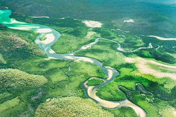 Aerial view of the Whitsunday Island, in the Great Barrier Reef, the river that supply clear waters the Whitehaven Beach, located in the Coral Sea, coast of Queensland, Australia. 2020 © Wagner