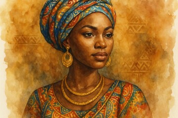 Obraz premium Elegant African woman in traditional dress with golden jewelry portrait for cultural heritage celebration